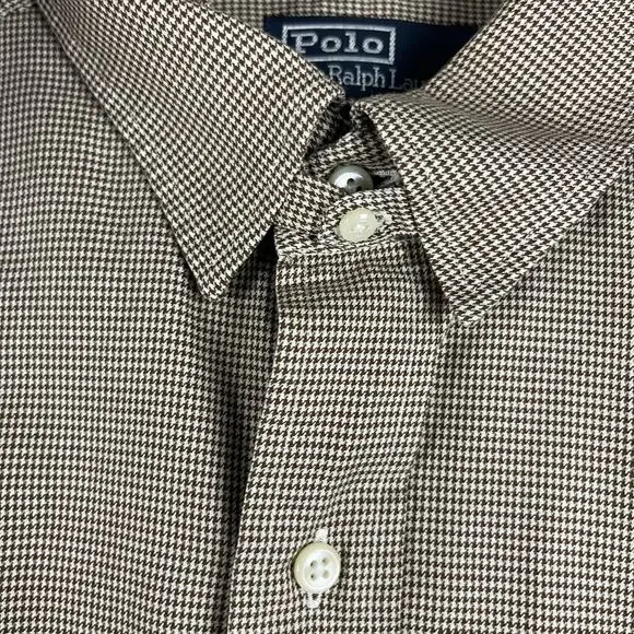 Vintage Polo Ralph Lauren Douglas Tab Shirt Mens 17 35 Brown Houndstooth 80s 90s